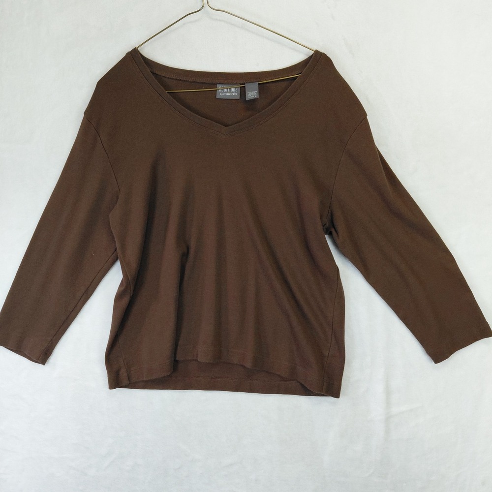 Additions by Chicos Brown V-Neck Cotton Long Sleeve Top Size 2 Medium